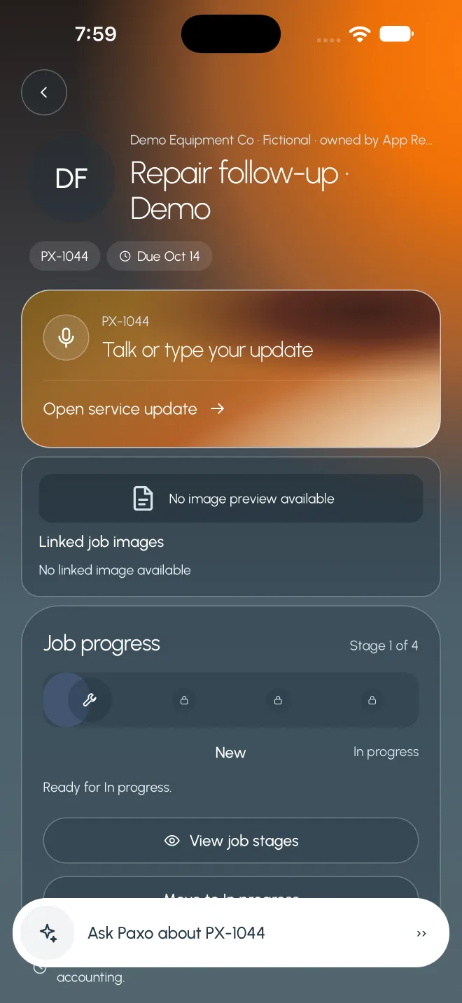 A fictional job in Paxo Business with example data: service update entry, stage progress and Ask Paxo.