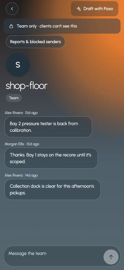 Paxo Business team thread with example messages, marked team only, with a Draft with Paxo button.