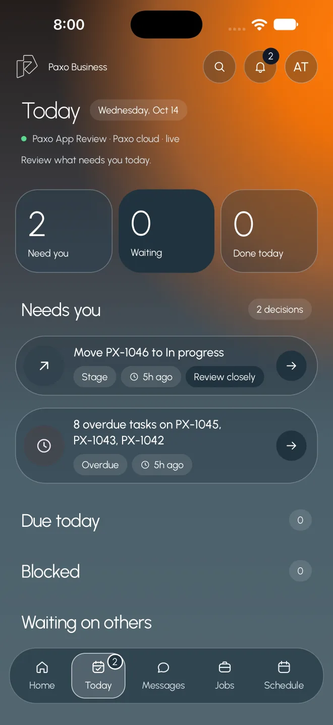 Paxo Business Today with example records: two decisions need review, with due, blocked and waiting lists.