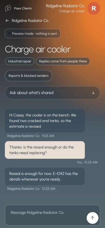 Paxo Clients message thread with example messages between a fictional client and a repair business.