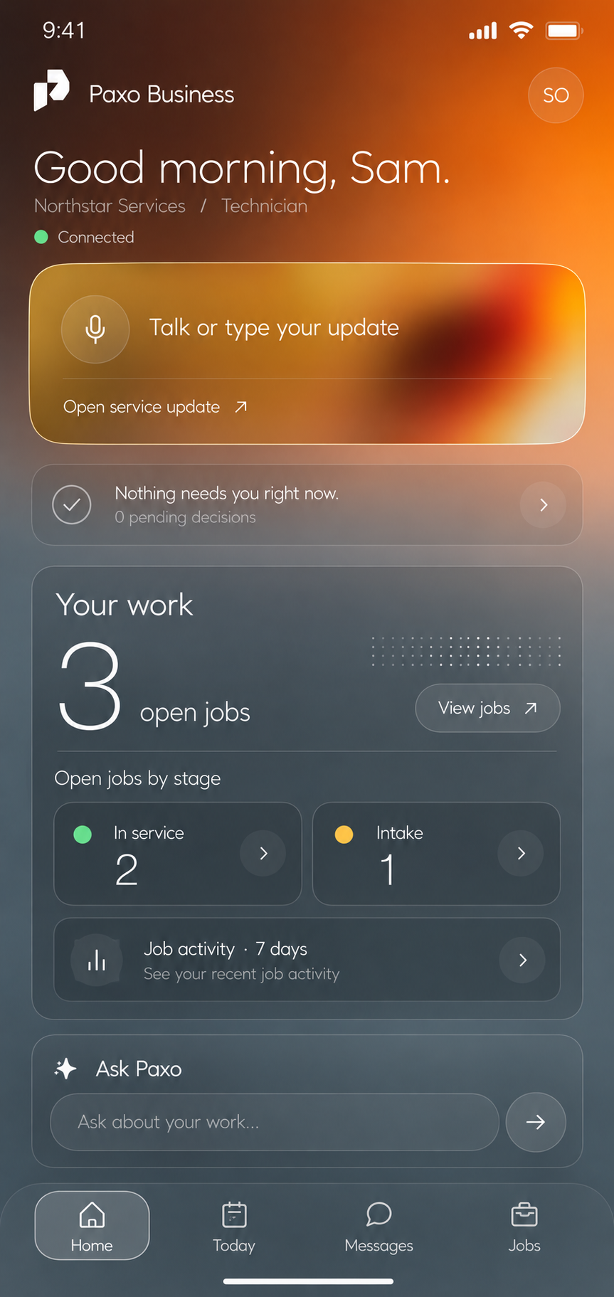 Fictional Paxo Business Home design: permission-trimmed staff work and service updates.