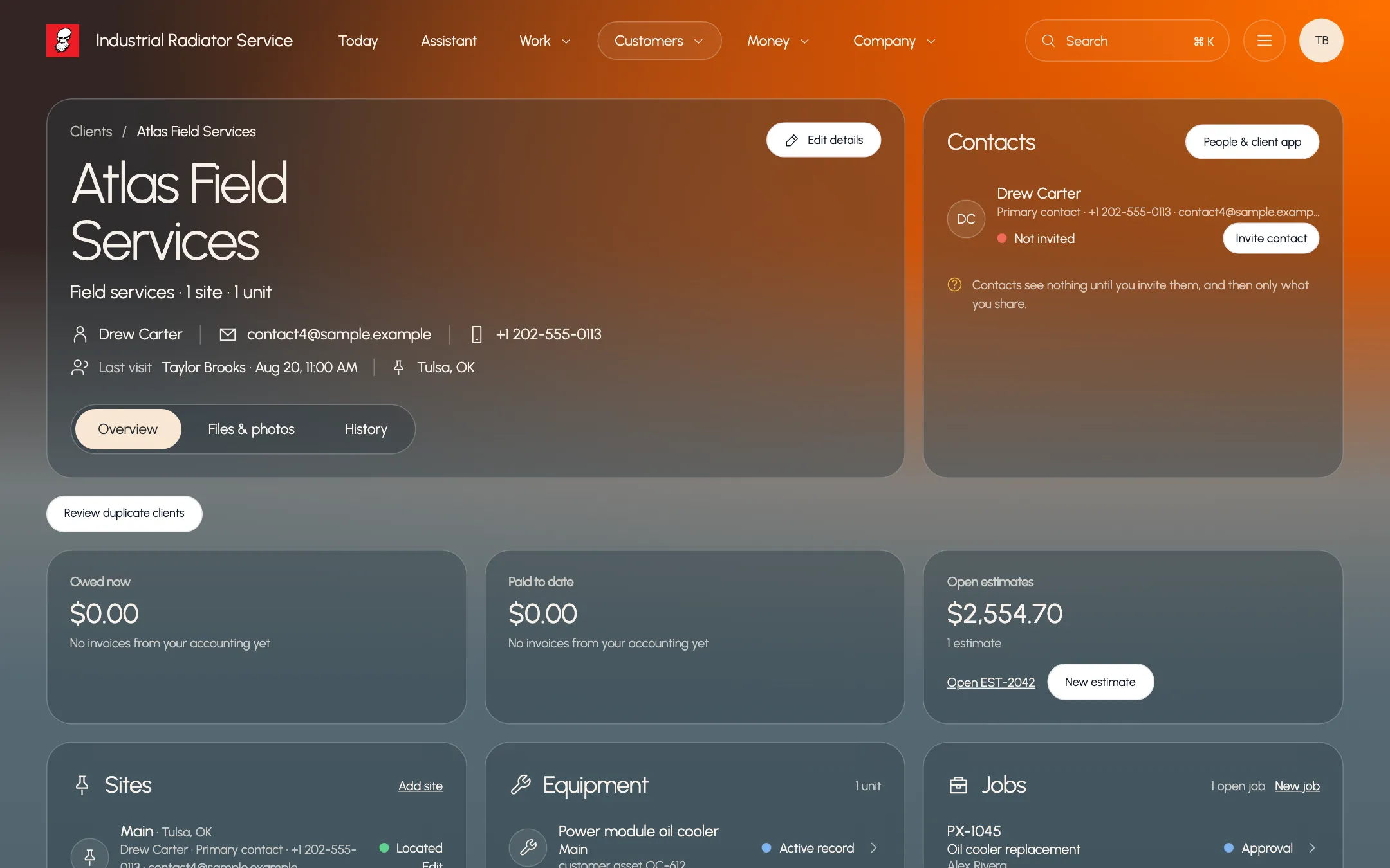 Paxo client record for Atlas Field Services with contacts, open estimate, sites and jobs, using example records