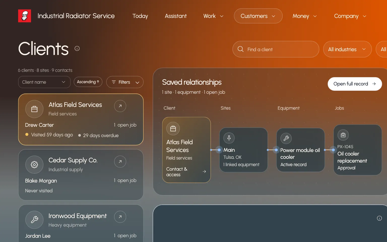 Paxo Clients list linking Atlas Field Services to its site, equipment and job, using example records