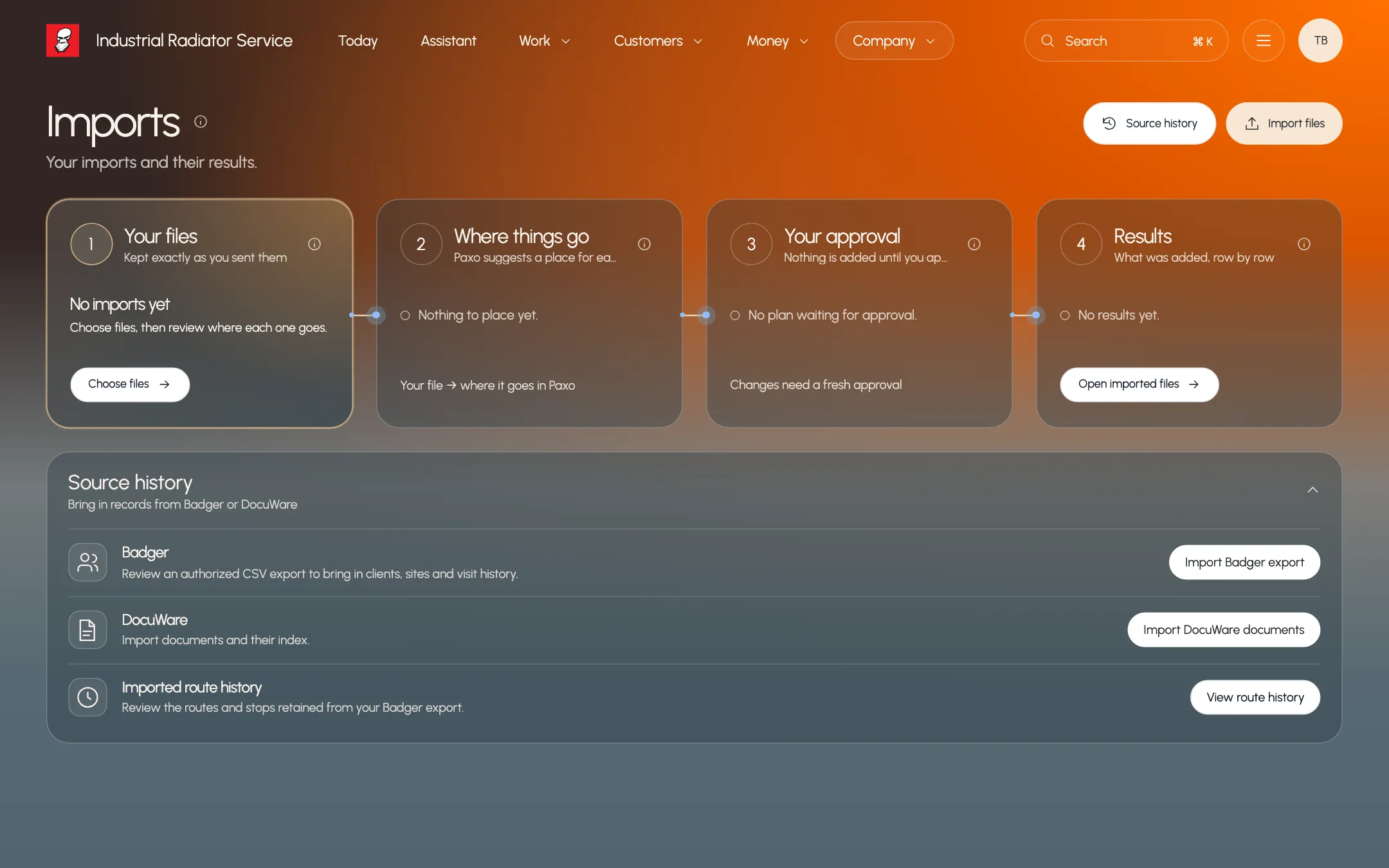 Paxo Imports page showing the steps from your files to approved results, using example records