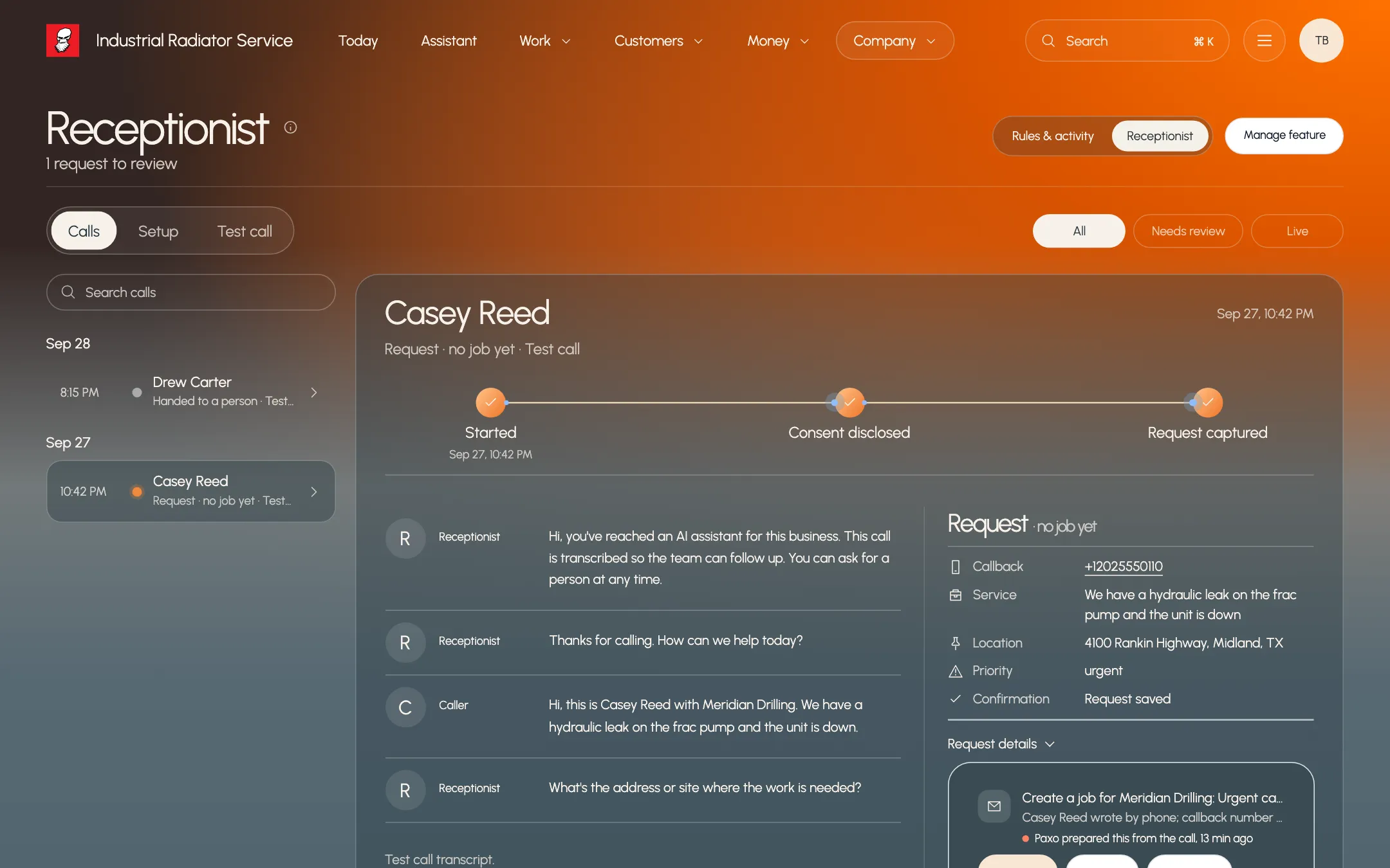 Paxo Receptionist with a test call from Casey Reed, its transcript and captured request, using example records