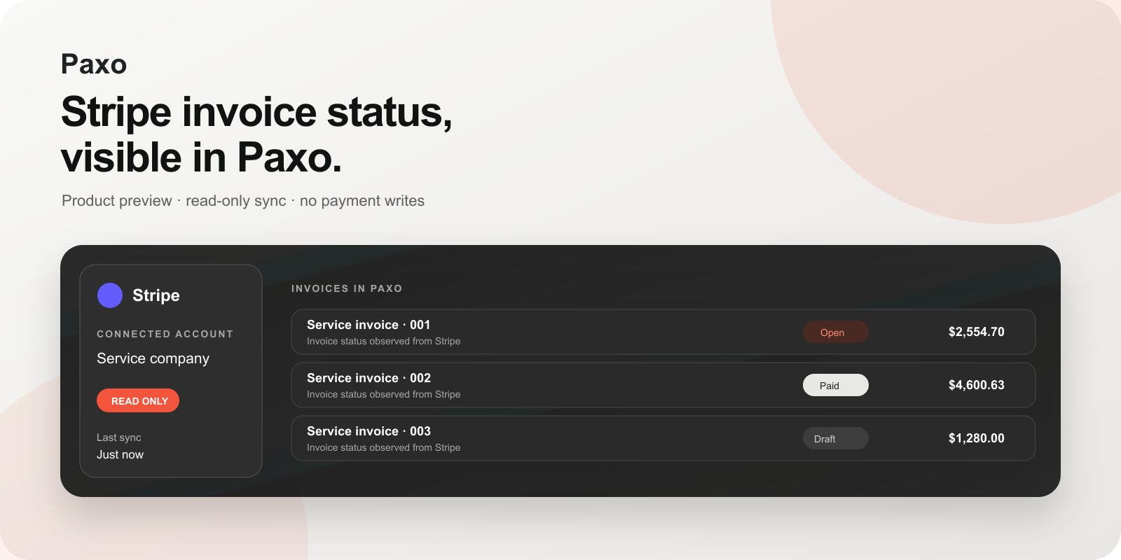 Paxo product preview showing read-only Stripe invoice status and totals with example records